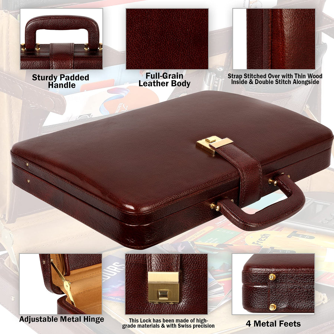 HAYAT Leather Accessories Natural Leather Briefcase for Men 24 litres Capacity Dimension-L-17 X H-12 X W-2.5 Inch Weight-1.4 KG