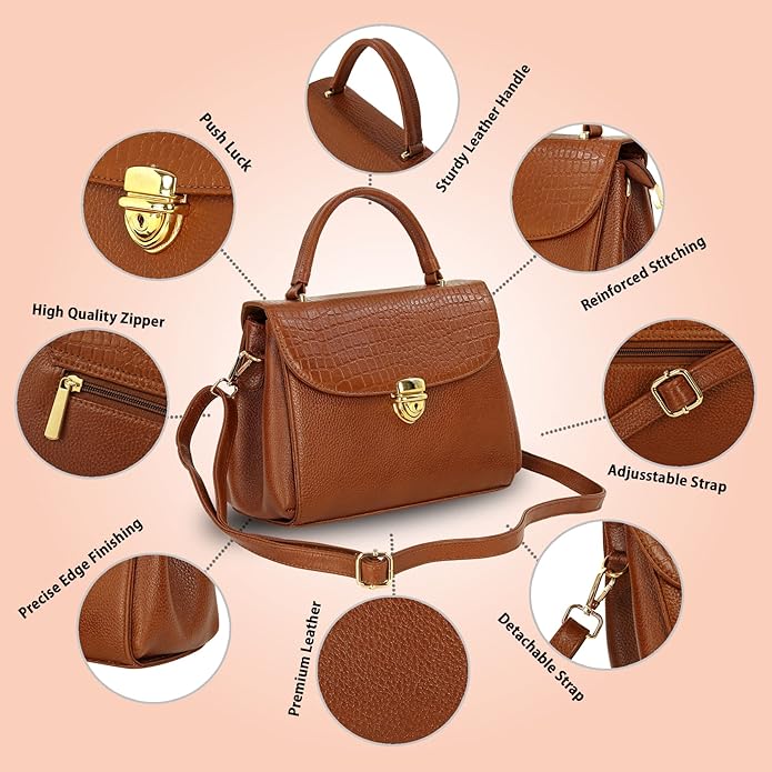 Compact Leather Handbag Bag - Push Lock