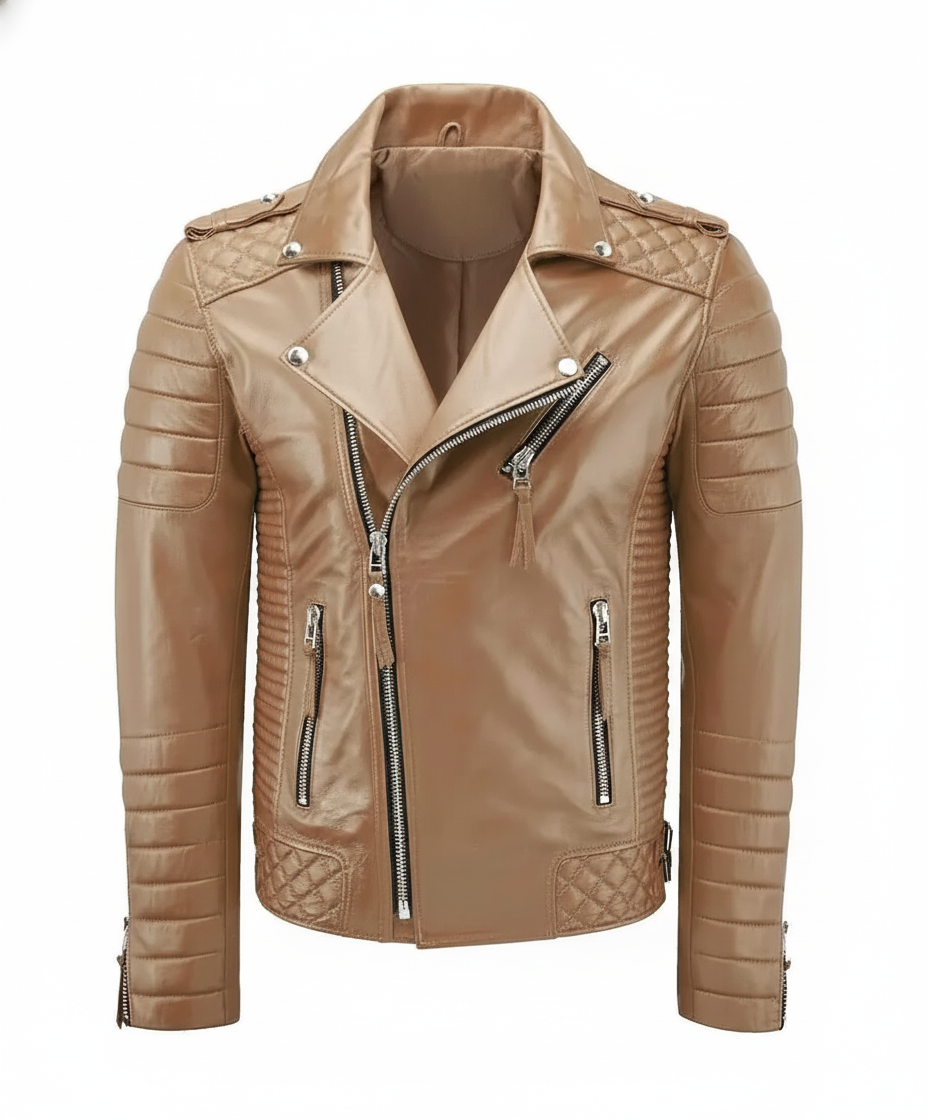 Biker Leather Jacket - Camel Beige