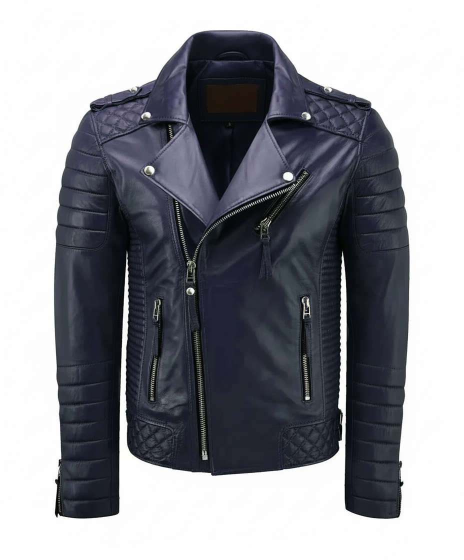 Biker Leather Jacket - Dark Blue