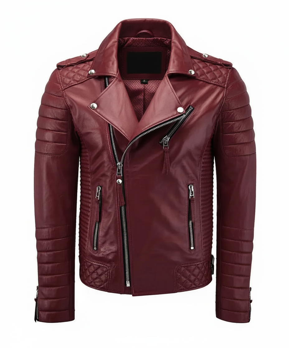 Biker Leather Jacket - Dark Red