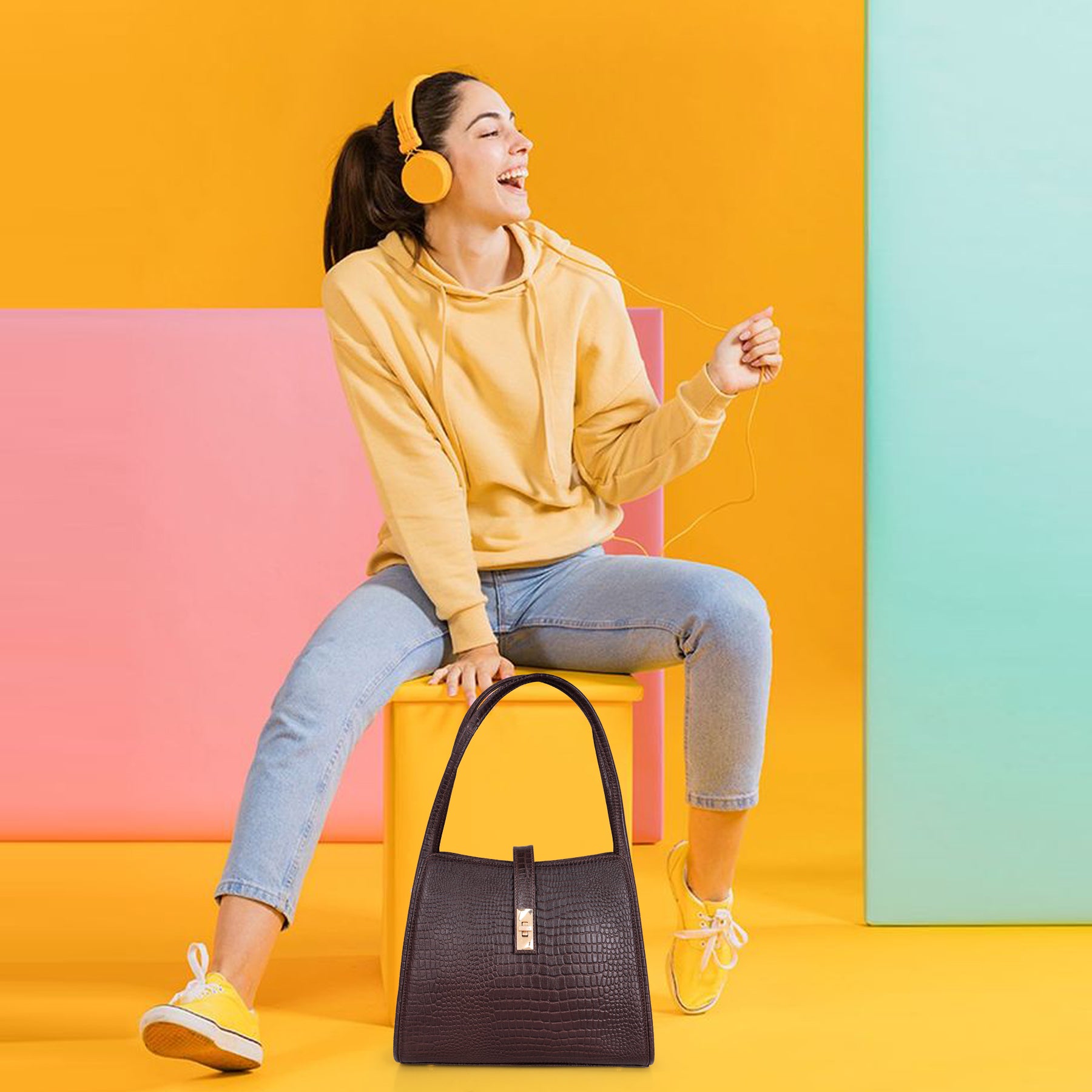 Croco Leather Handbag - TURN LOCK