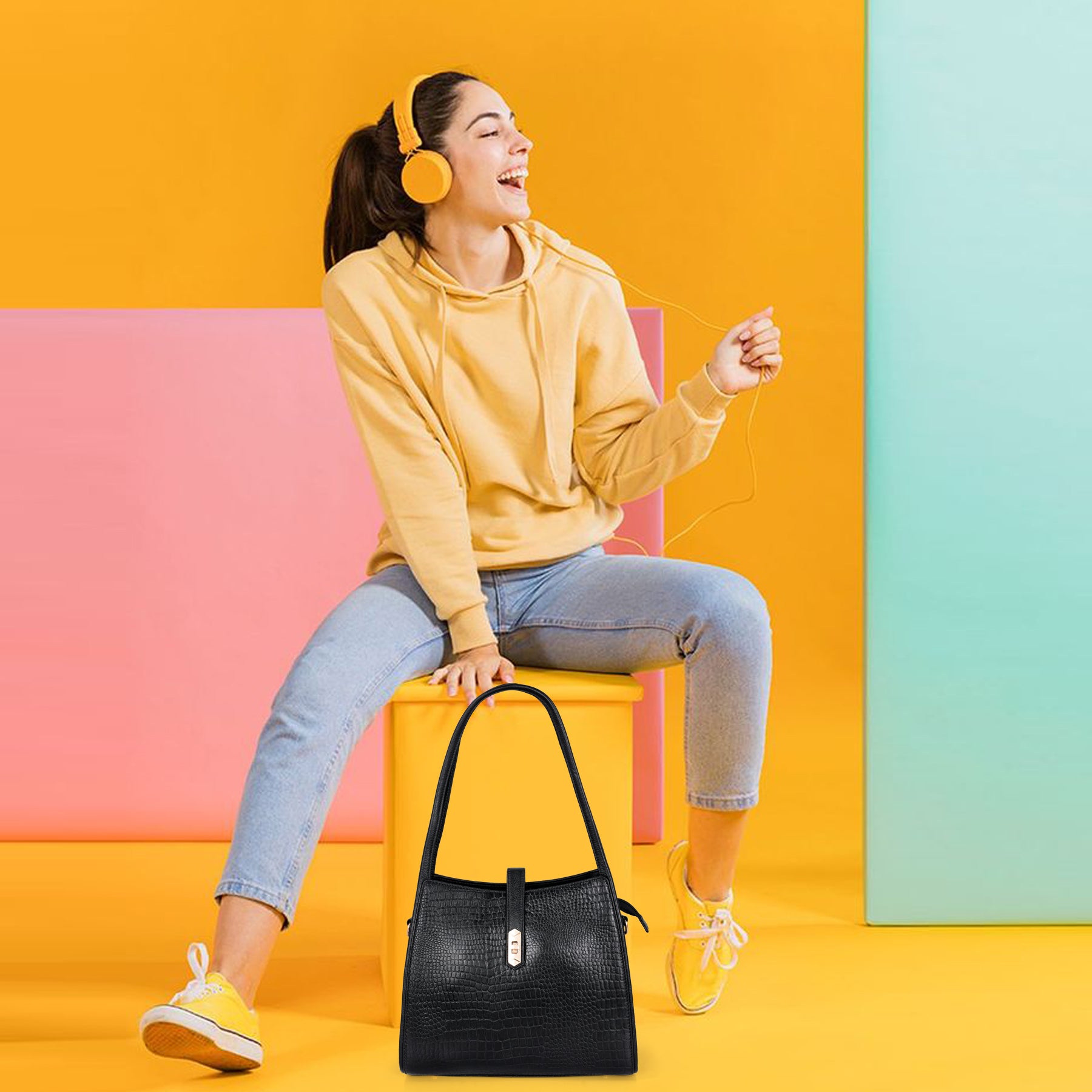 Croco Leather Handbag - TURN LOCK