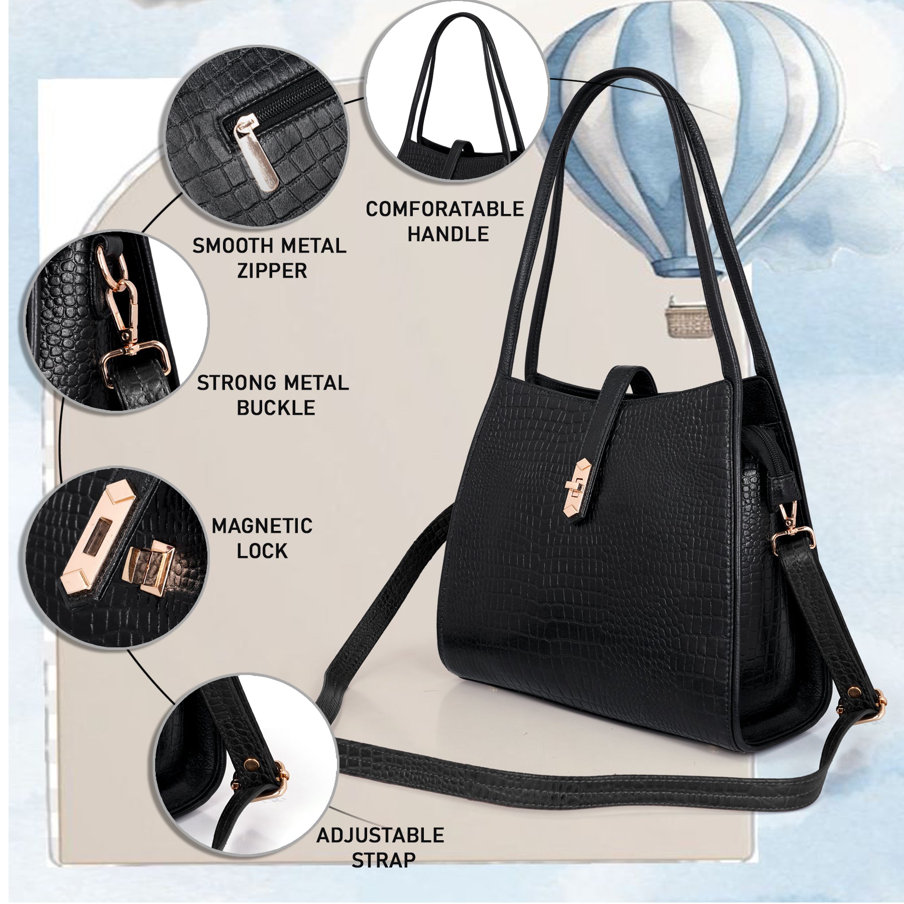 Croco Leather Handbag - TURN LOCK