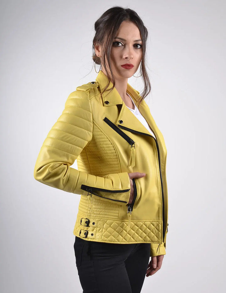 Motorcycle Leather Jacket - Yellow