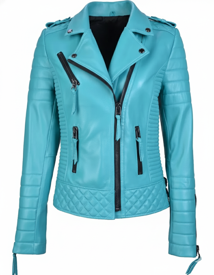 Motorcycle Leather Jacket - Turquoise Blue
