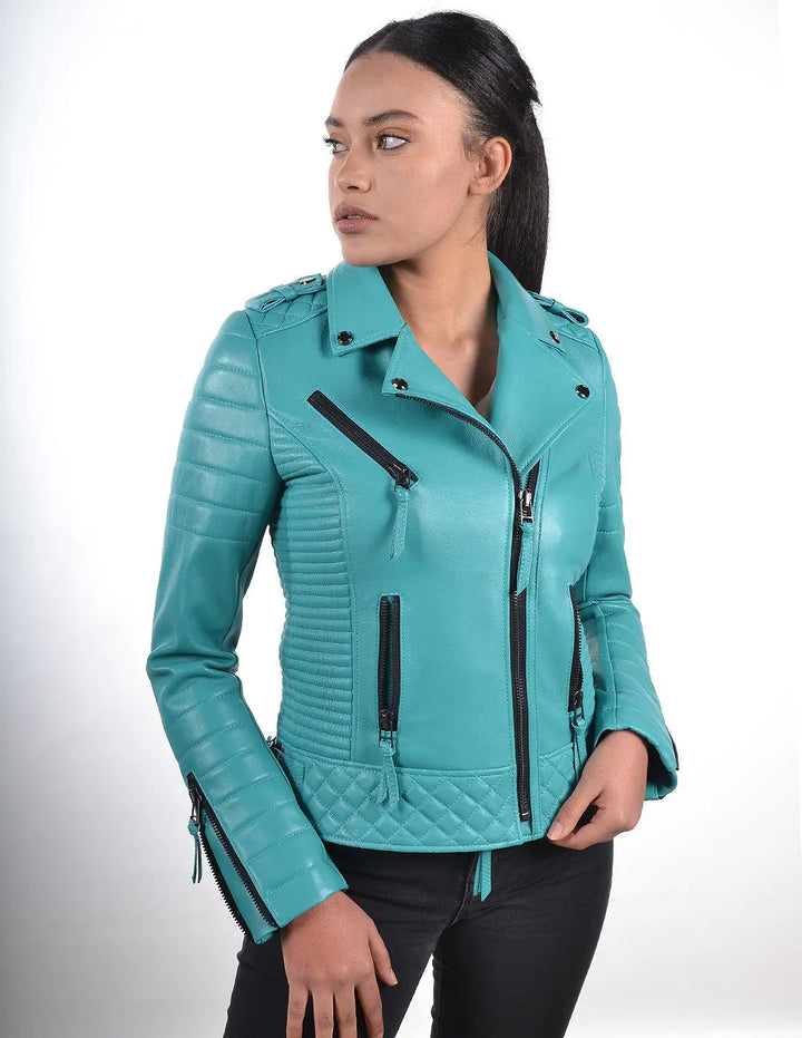 Motorcycle Leather Jacket - Turquoise Blue