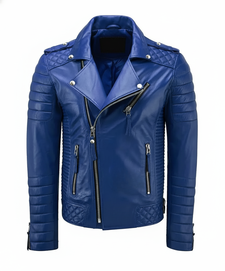 Biker Leather Jacket - Royal Blue