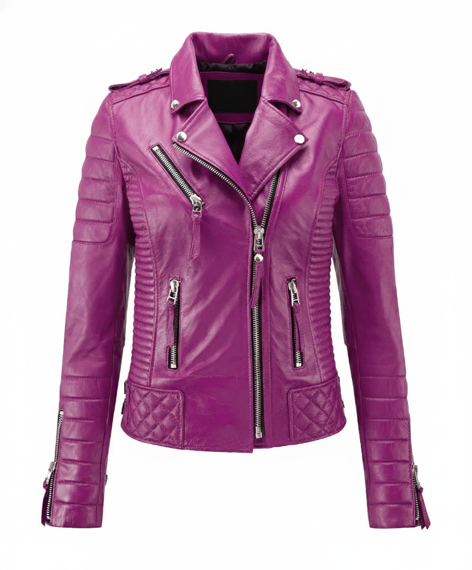 Motorcycle Leather Jacket - Rani Pink
