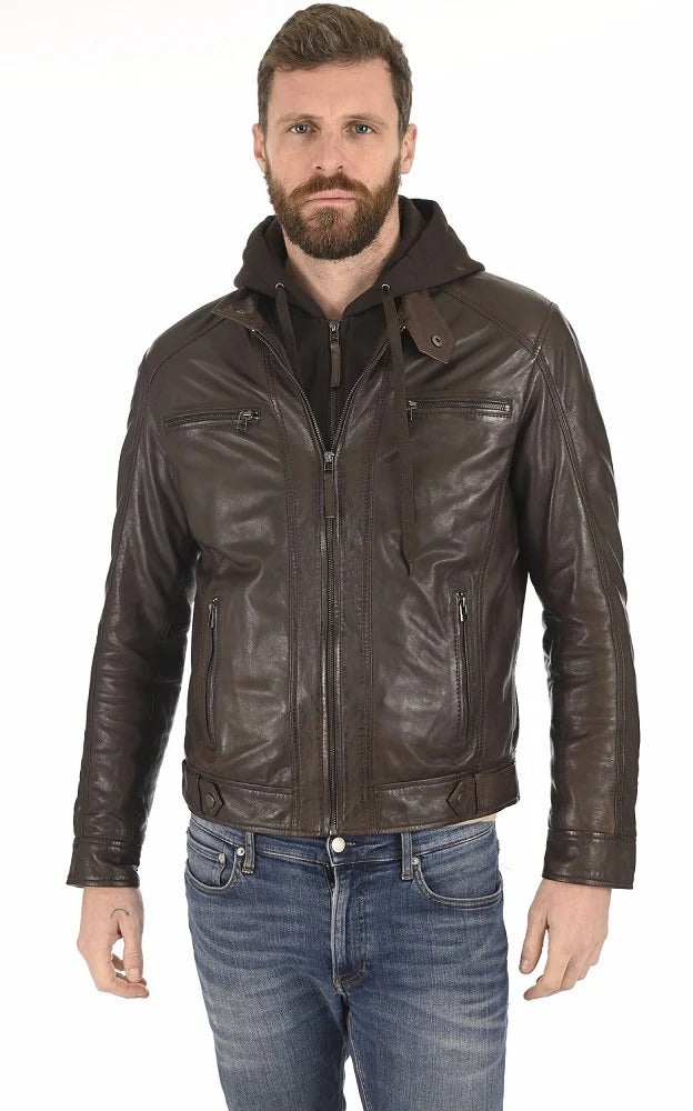 Men Hoodie Leather Jacket - HL 02