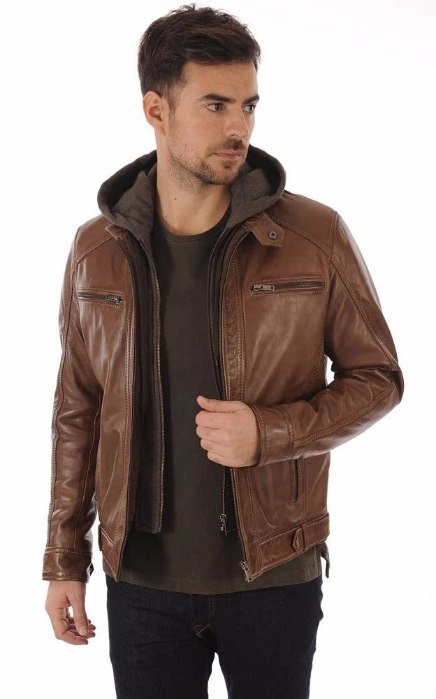 Men Hoodie Leather Jacket - HL 05