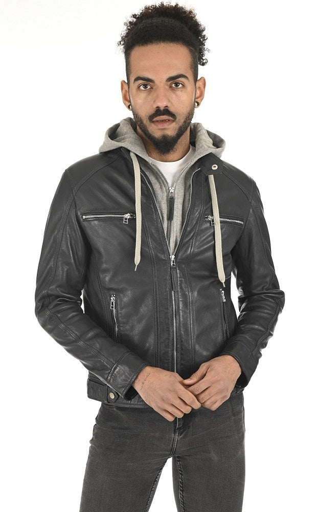 Men Hoodie Leather Jacket - HL 07