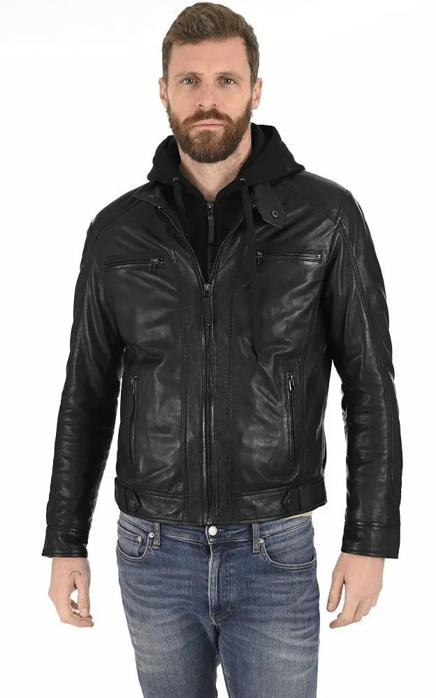Men Hoodie Leather Jacket - HL 01