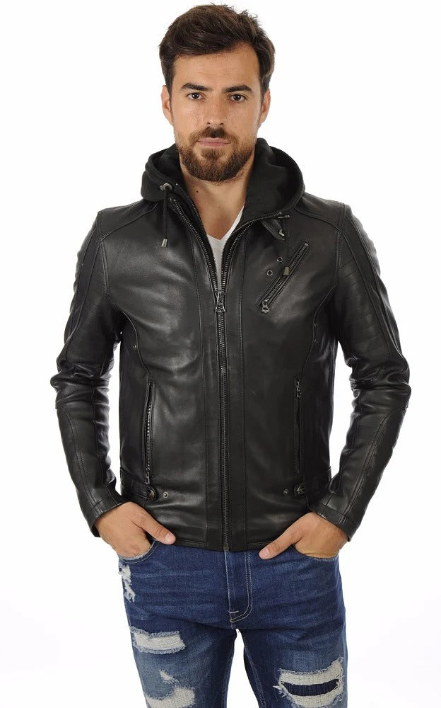 Men Hoodie Leather Jacket - HL 03