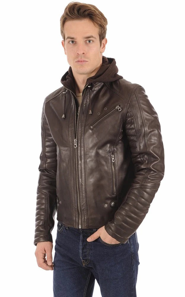 Men Hoodie Leather Jacket - HL 04