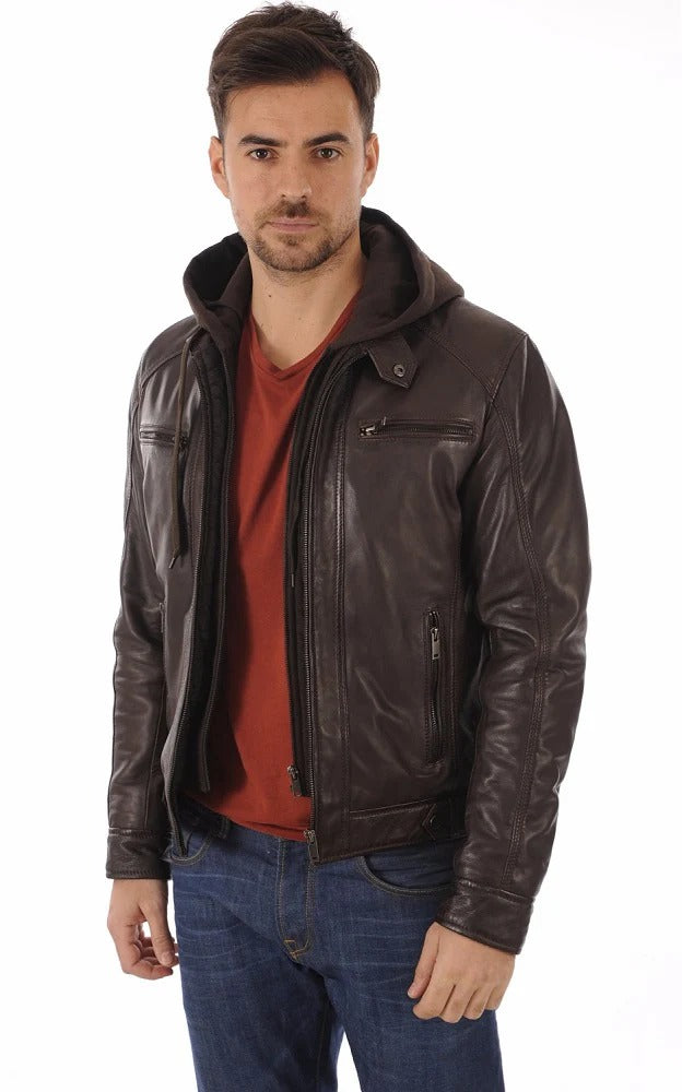 Men Hoodie Leather Jacket - HL 06