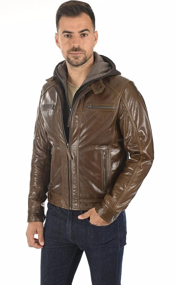 Men Hoodie Leather Jacket - HL 08