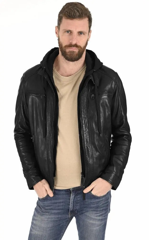 Men Hoodie Leather Jacket - HL 01