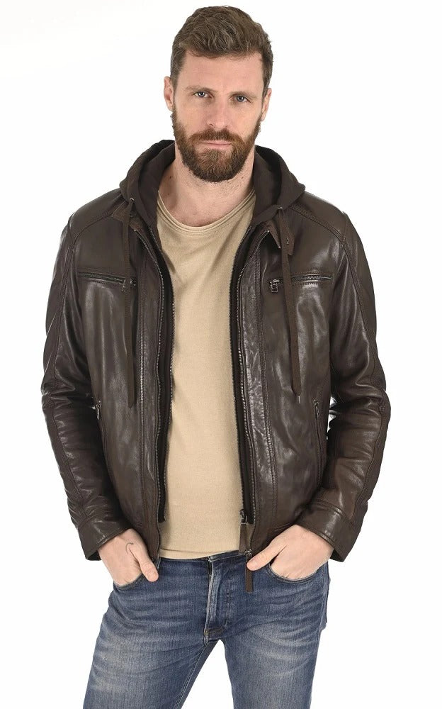 Men Hoodie Leather Jacket - HL 02