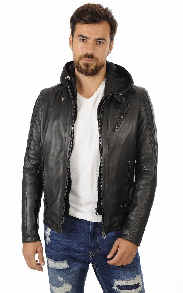 Men Hoodie Leather Jacket - HL 03