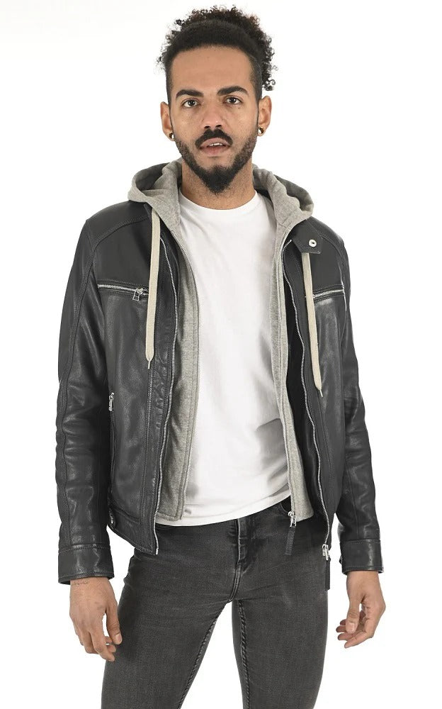 Men Hoodie Leather Jacket - HL 07