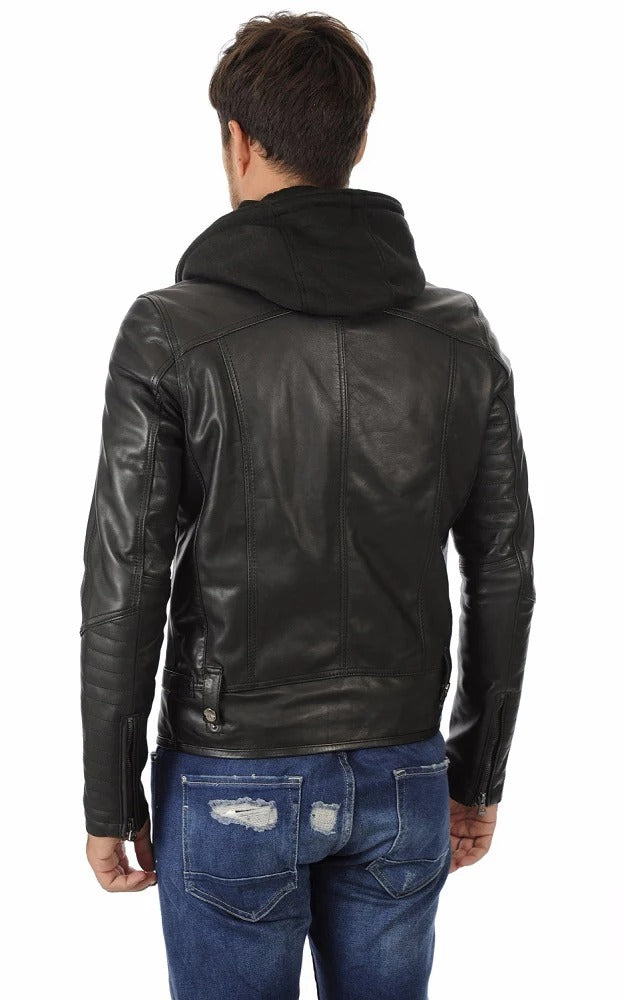 Men Hoodie Leather Jacket - HL 03