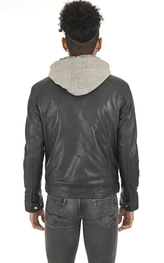Men Hoodie Leather Jacket - HL 07